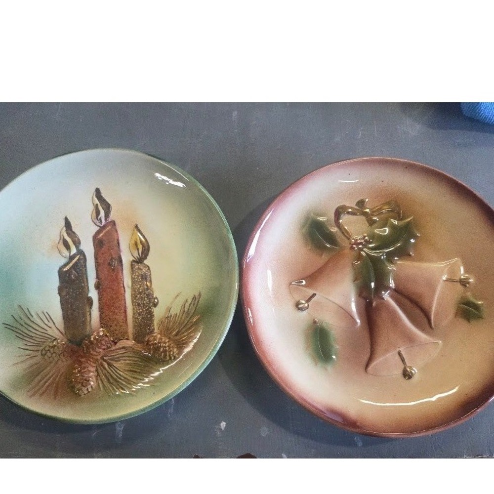 Vintage Christmas Ceramic 3D Relief Plates Set of 2 Candles Bells Mid Century